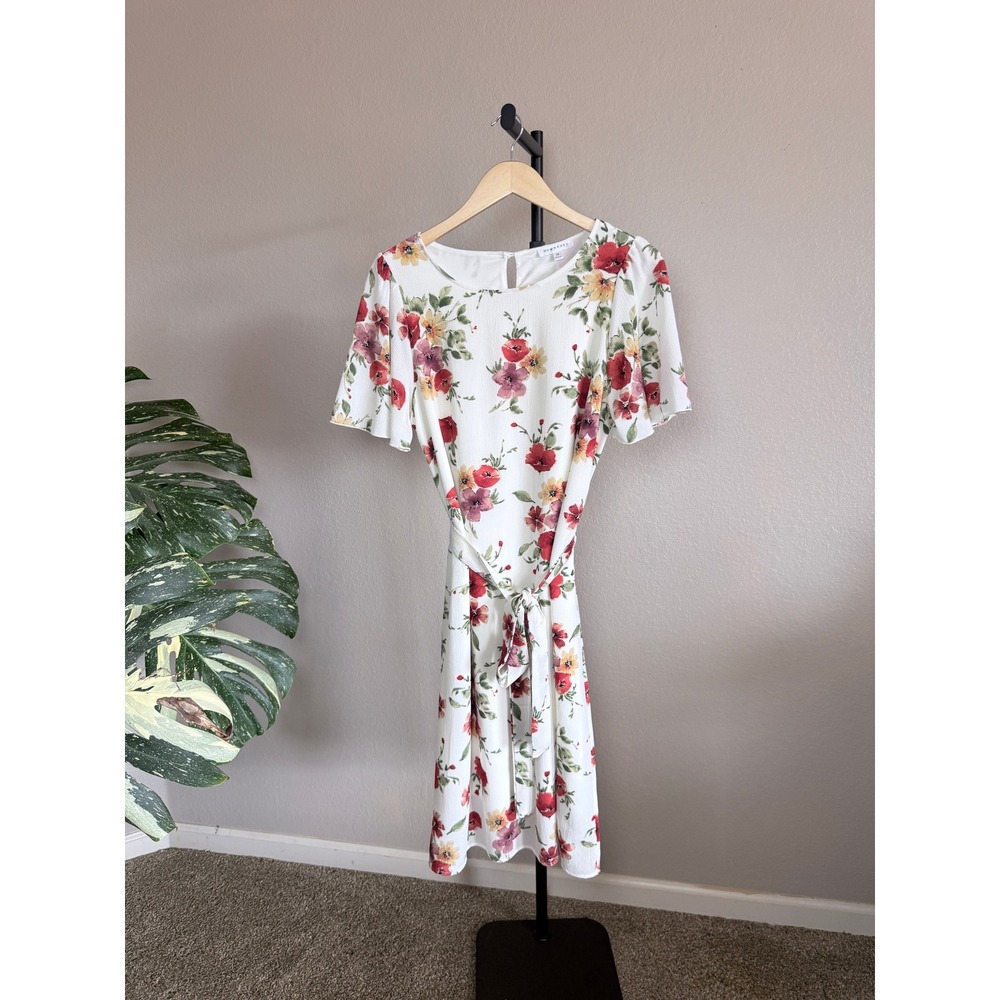 Downeast Womens Floral Flutter Sleeve Tie Waist Midi Dress White Red Size M - Picture 2 of 5